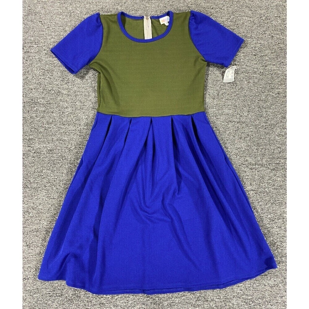 LuLaRoe Dress Womens Medium USA Made Short Sleeve Green Blue Fit & Flare Stretch